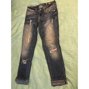 Cuffed Miss Me Capri. Distressed, tribal print 27